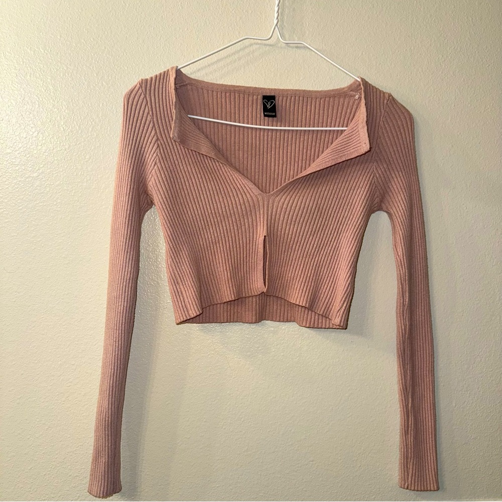 V-Neck Ribbed Long Sleeve Top - Pink